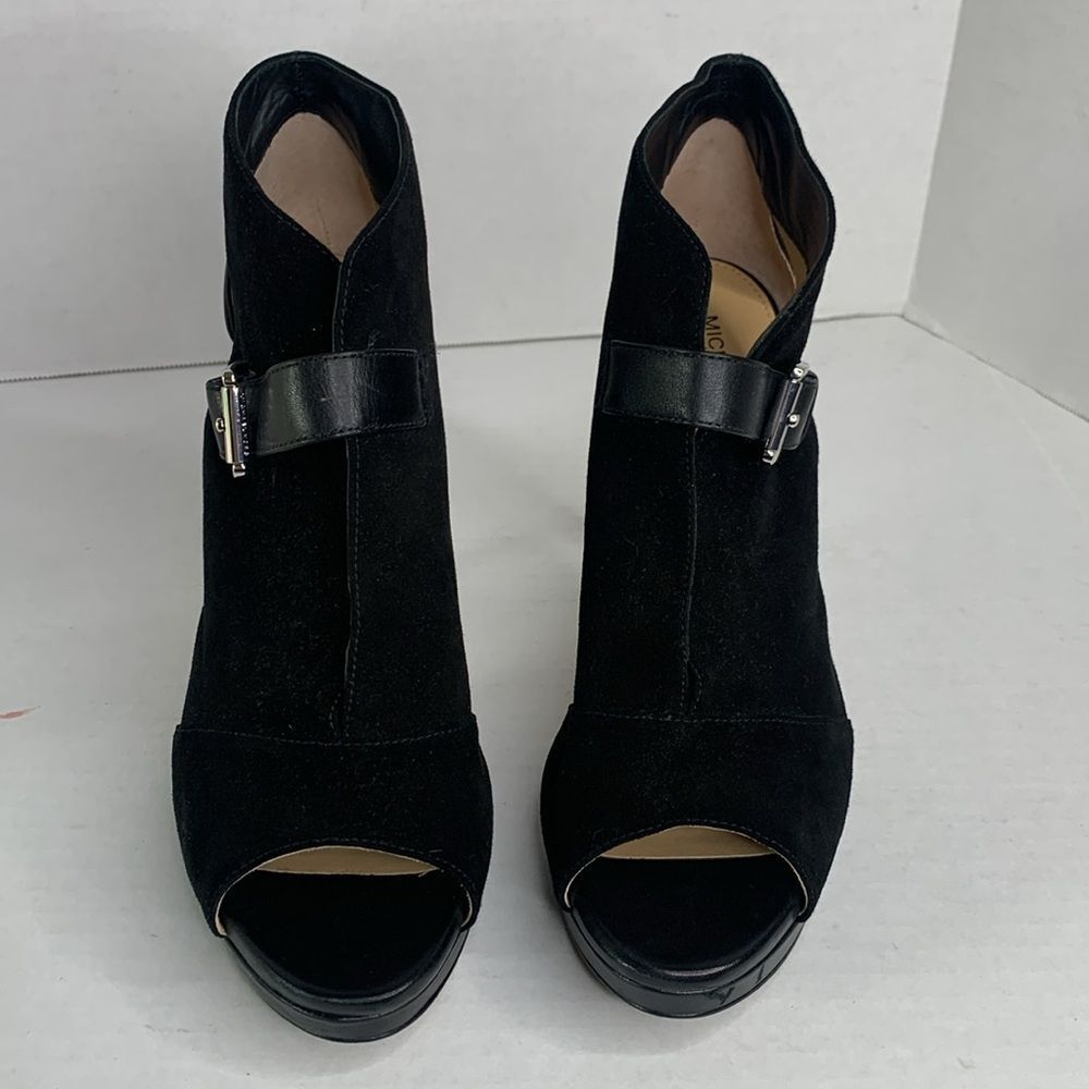 Michael Kors Isabella black suede leather peep toe heeled ankle booties NWOT - Picture 5 of 11